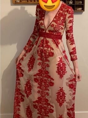 For Love & Lemons Red Floral Appliqué Long Sleeve Maxi Dress